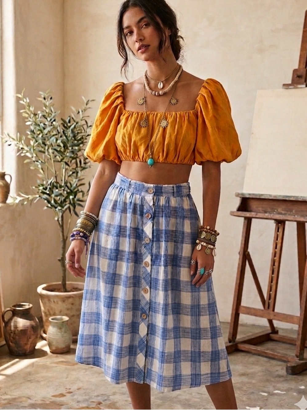 Blue &White Checked Gingham Pattern A-Line Tie Belt Midi Skirt SMALL